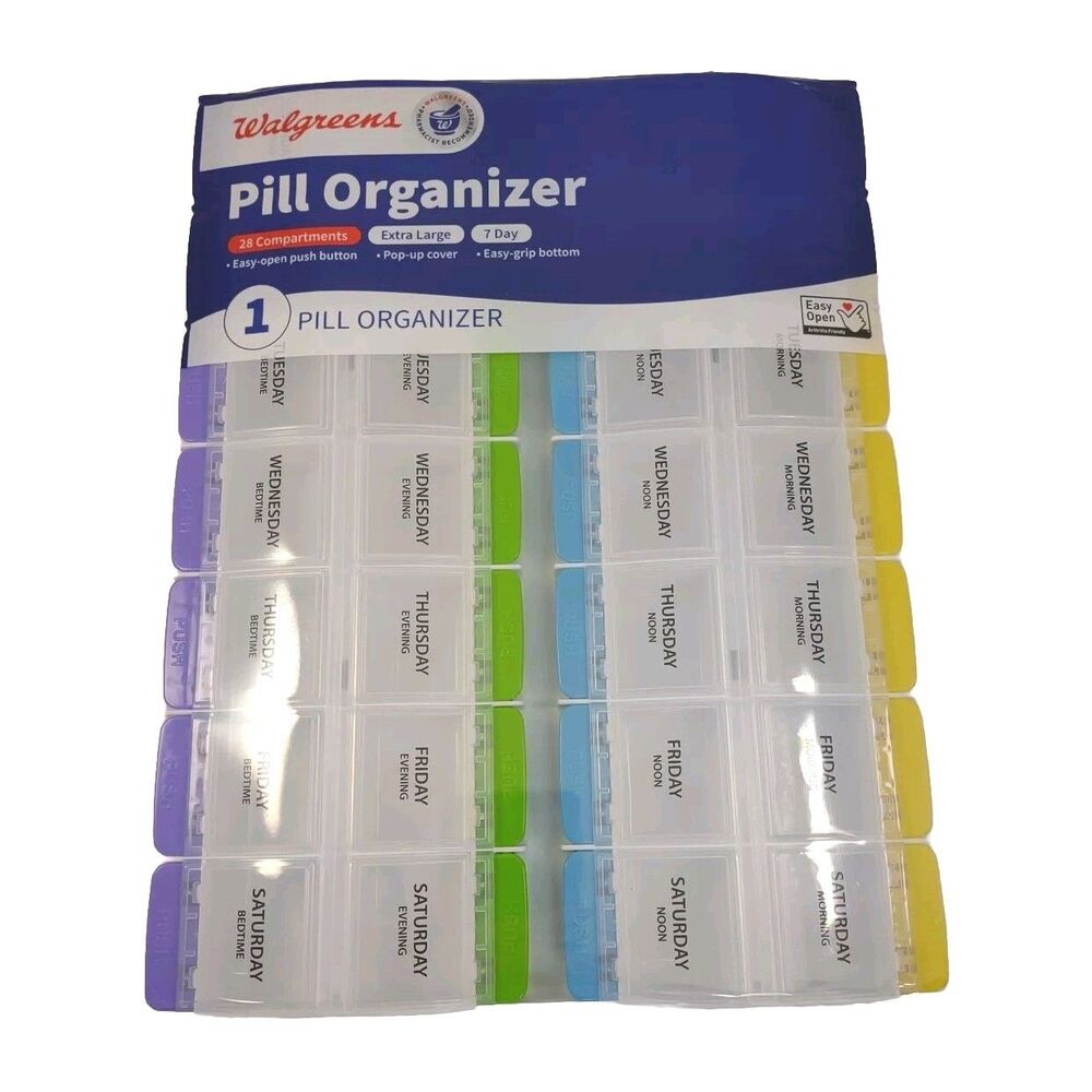 Pill Organizer, Weekly (7-Day), 4 Times a Day, Large 28 compartments Walgreens